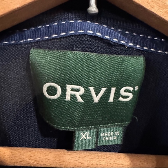 Orvis Navy Blue Wool Mens 1/4 Zip Pullover Jumper with Textured Elbows XL preppy - Picture 2 of 8